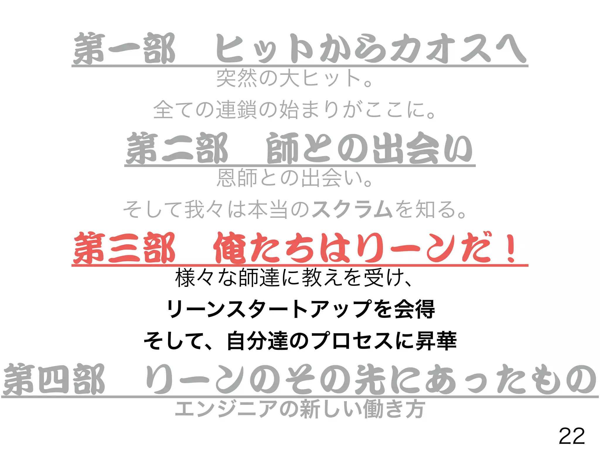 第一部　ヒットからカオスへ


突然の大ヒット。
全ての連鎖の始まりがここに。
第二部　師との出会い


恩師との出会い。
そして我々は本当のスクラムを知る。
第三部　俺たちはリーンだ！


様々な師達に教えを受け、
リーンスタートアップを会得
そして、自分達のプロセスに昇華
第四部　リーンのその先にあったもの


エンジニアの新しい働き方
22
 