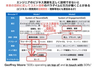 Bimodal IT Mode1 Mode2
別名 System of Record(SoR) System of Engagement(SoE)
適正
基幹系・勘定系、
ミッションクリティカルな機能・システム
(決済システム、顧客管理等)
正解が無い中、柔軟に変化をしながら走り続
ける必要がある機能・サービス
(スマホアプリ、ウェブサービスのフロント)
目的
信頼性、安定性
定めた仕様に従って安定性や品質を担保し
ながら開発していく必要がある
俊敏性、速度
フィードバックに基づいて速やかに改善を加
え、頻繁にリリースする
価値・評価 費用対効果、コスト 売上、ブランド、UX
アプローチ ウォーターフォール、V-model、重量IID アジャイル、リーン、カンバン、軽量IID
調達
エンタープライズサプライヤー、
長期的な取引
小さい、新しいベンダー、短期間の取引
メンバ適正 従来のプロセス、プロジェクトが得意 新しくて不確実なプロジェクトが得意
組織/文化 開発部門・計画型 ビジネス＆開発混在・探索型
サイクルタイム 数ヶ月 数日、数週間
Geoﬀrey Moore “SOEs operating on top of and in touch with SORs”
エンジニアのビジネス貢献を正しく説明できないと
本来の目的に反してコスト効率のパラダイムに引力が働くことがある
(ビジネスー開発間の信頼関係・理解等他にも要因あるが）
ビジネス貢献を
抜きにした
過剰な
QCD評価
 