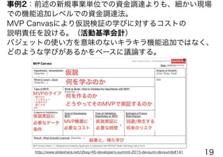 事例2：前述の新規事業単位での資金調達よりも、細かい現場
での機能追加レベルでの資金調達法。
MVP Canvasにより仮説検証の学びに対するコストの
説明責任を設ける。（活動基準会計）
バジェットの使い方を意味のないキラキラ機能追加ではなく、
どのような学びがあるかをベースに議論する。
http://www.slideshare.net/i2key/45-developers-summit-2015-devsumi-devsumib#141 19
 