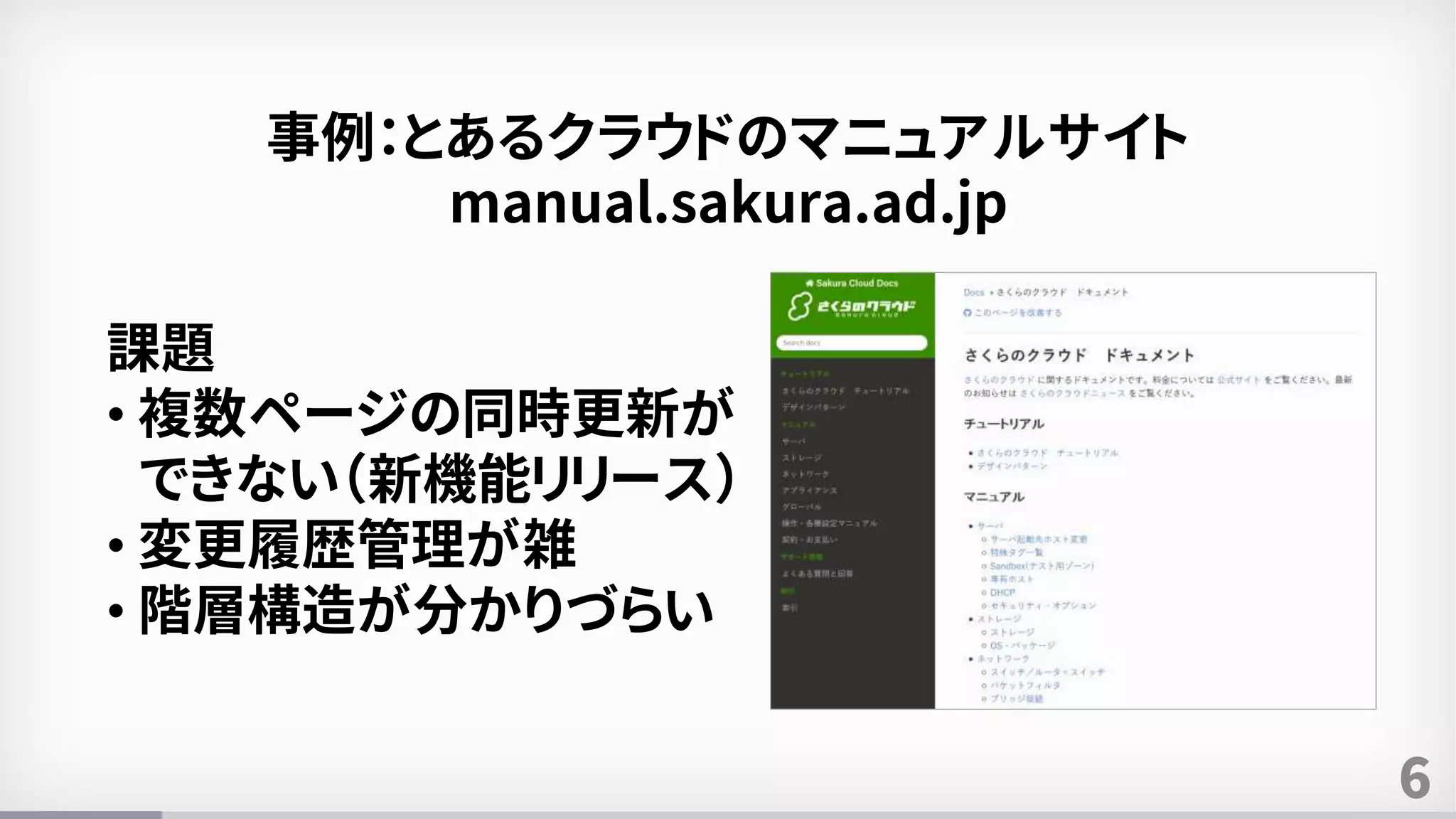 6
事例：とあるクラウドのマニュアルサイト
manual.sakura.ad.jp
課題
• 複数ページの同時更新が
できない（新機能リリース）
• 変更履歴管理が雑
• 階層構造が分かりづらい
 
