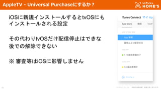 © LIFULL Co., Ltd. 本書の無断転載、複製を固く禁じます。
iOSに新規インストールするとtvOSにも
インストールされる設定
その代わりtvOSだけ配信停止はできな
後での解除できない
※ 審査等はiOSに影響しません
40
AppleTV - Universal Purchaseにするか？
 