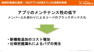 © LIFULL Co., Ltd. 本書の無断転載、複製を固く禁じます。45
技術的負債の返済 - iOSアプリが抱えていた技術的負債
アプリのメンテナンス性の低下
メンバー入れ替わりによるコードのブラックボックス化
• 新機能追加のコスト増加
• 仕様把握漏れによるバグの発生
 