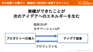 © LIFULL Co., Ltd. 本書の無断転載、複製を固く禁じます。53
次の挑戦への繋がり - 継続的に新技術に挑戦するサイクル
実績ができたことが
次のアイデアへのエネルギーを生む
アイデア提案プロダクトへの導入
技術力UP
モチベーションUP
プロジェクト化
 