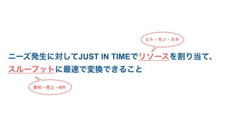 ニーズ発生に対してJUST IN TIMEでリソースを割り当て、
スループットに最速で変換できること
ヒト・モノ・カネ
実利・売上・KPI
 