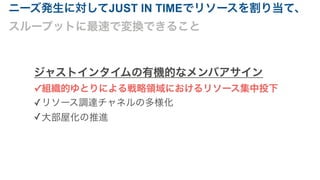 ニーズ発生に対してJUST IN TIMEでリソースを割り当て、
スループットに最速で変換できること
ジャストインタイムの有機的なメンバアサイン
✓組織的ゆとりによる戦略領域におけるリソース集中投下
✓リソース調達チャネルの多様化
✓大部屋化の推進
 