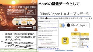 • 北海道十勝MaaS実証実験の
基盤データの一部はGTFS-JP
オープンデータ
• 小田急＋VAL研究所のMaaS
プラットフォームに採用
MaaSの基盤データとして
http://www.pref.hokkaido.lg.jp/ss/stk/hokkaido-tokachi-maas.htm
https://www.slideshare.net/KenjiMorohoshi/20200128shikoku-gtfsjp
 