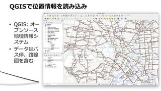 • QGIS: オー
プンソース
地理情報シ
ステム
• データはバ
ス停、路線
図を含む
QGISで位置情報を読み込み
 