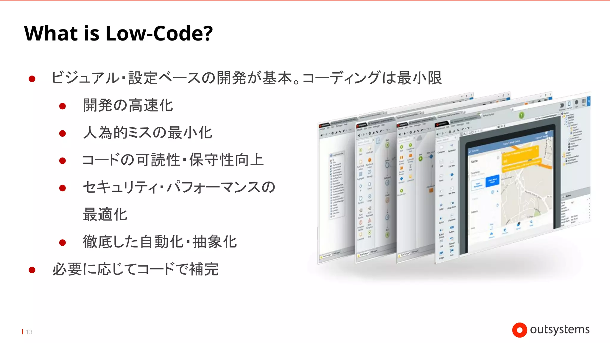 13
What is Low-Code?
● ビジュアル・設定ベースの開発が基本。コーディングは最小限
● 開発の高速化
● 人為的ミスの最小化
● コードの可読性・保守性向上
● セキュリティ・パフォーマンスの
最適化
● 徹底した自動化・抽象化
● 必要に応じてコードで補完
 