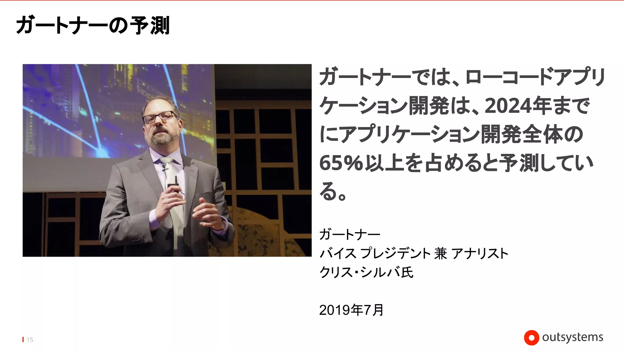 ガートナーの予測
ガートナーでは、ローコードアプリ
ケーション開発は、2024年まで
にアプリケーション開発全体の
65％以上を占めると予測してい
る。
ガートナー
バイス プレジデント 兼 アナリスト
クリス・シルバ氏
2019年7月
15
 