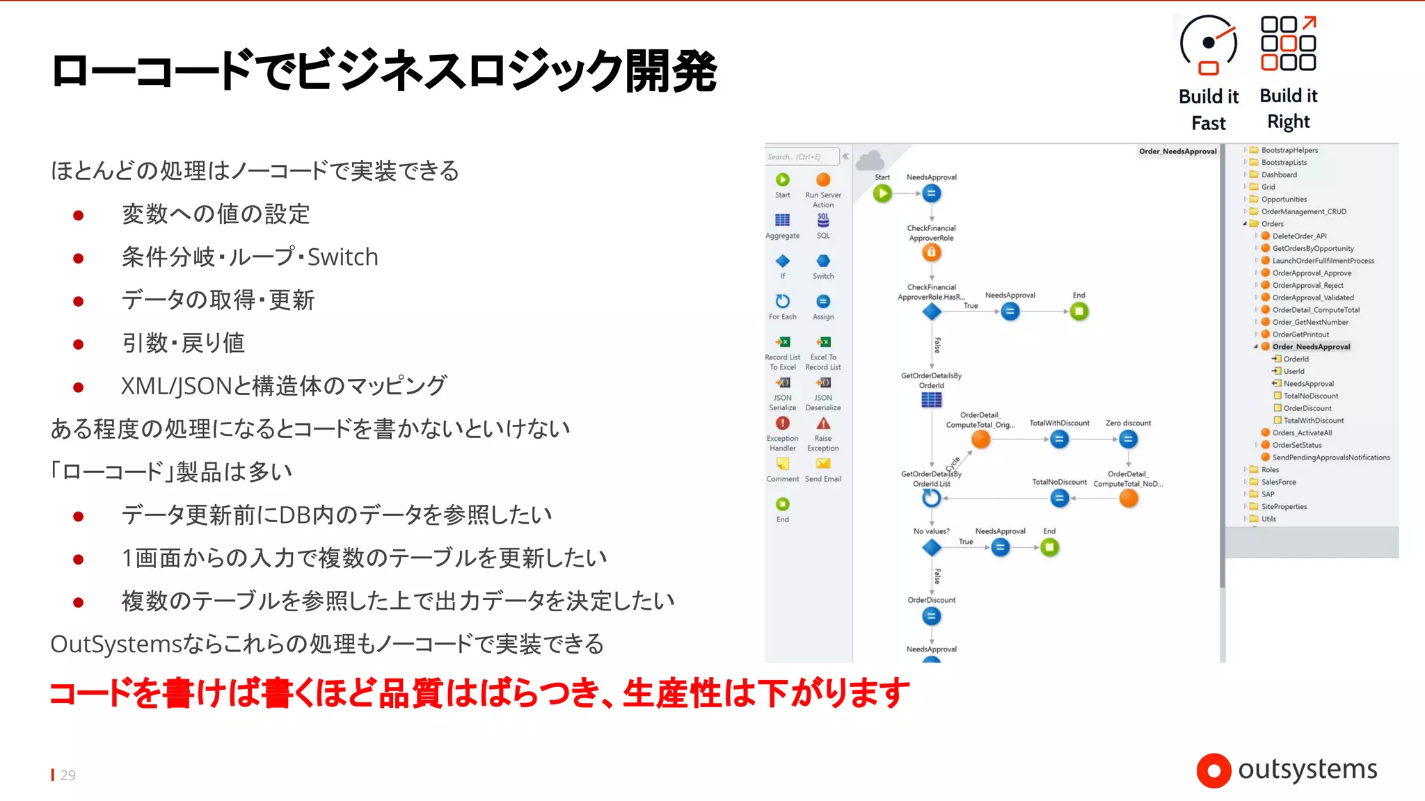 29
ローコードでビジネスロジック開発
ほとんどの処理はノーコードで実装できる
● 変数への値の設定
● 条件分岐・ループ・Switch
● データの取得・更新
● 引数・戻り値
● XML/JSONと構造体のマッピング
ある程度の処理になるとコードを書かないといけない
「ローコード」製品は多い
● データ更新前にDB内のデータを参照したい
● 1画面からの入力で複数のテーブルを更新したい
● 複数のテーブルを参照した上で出力データを決定したい
OutSystemsならこれらの処理もノーコードで実装できる
コードを書けば書くほど品質はばらつき、生産性は下がります
 