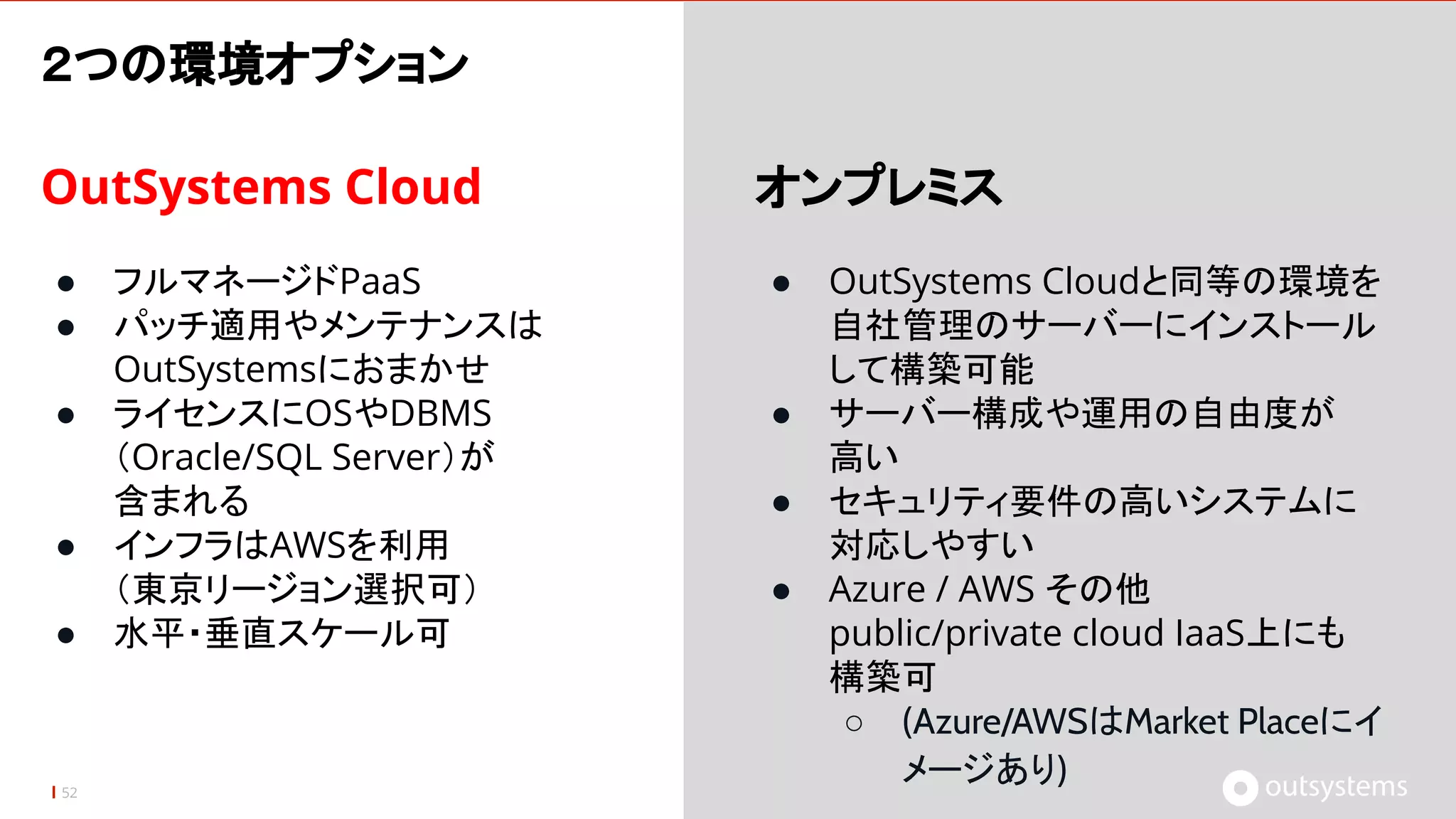 OutSystems Cloud
● フルマネージドPaaS
● パッチ適用やメンテナンスは
OutSystemsにおまかせ
● ライセンスにOSやDBMS
（Oracle/SQL Server）が
含まれる
● インフラはAWSを利用
（東京リージョン選択可）
● 水平・垂直スケール可
52
オンプレミス
● OutSystems Cloudと同等の環境を
自社管理のサーバーにインストール
して構築可能
● サーバー構成や運用の自由度が
高い
● セキュリティ要件の高いシステムに
対応しやすい
● Azure / AWS その他
public/private cloud IaaS上にも
構築可
○ (Azure/AWSはMarket Placeにイ
メージあり)
２つの環境オプション
 