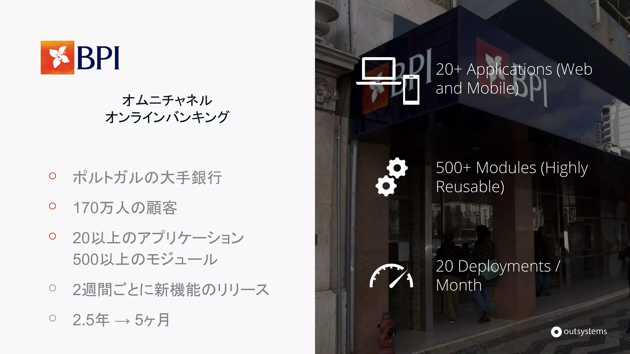 20+ Applications (Web
and Mobile)
500+ Modules (Highly
Reusable)
20 Deployments /
Month
オムニチャネル
オンラインバンキング
⚬ ポルトガルの大手銀行
⚬ 170万人の顧客
⚬ 20以上のアプリケーション
500以上のモジュール
⚬ 2週間ごとに新機能のリリース
⚬ 2.5年 → 5ヶ月
 