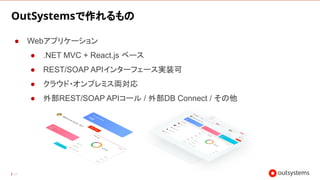 24
OutSystemsで作れるもの
● Webアプリケーション
● .NET MVC + React.js ベース
● REST/SOAP APIインターフェース実装可
● クラウド・オンプレミス両対応
● 外部REST/SOAP APIコール / 外部DB Connect / その他
 