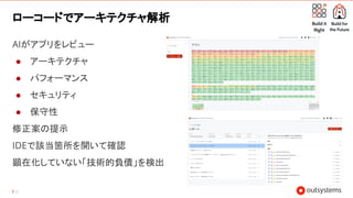 42
ローコードでアーキテクチャ解析
AIがアプリをレビュー
● アーキテクチャ
● パフォーマンス
● セキュリティ
● 保守性
修正案の提示
IDEで該当箇所を開いて確認
顕在化していない「技術的負債」を検出
 