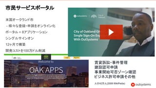 61
市民サービスポータル
米国オークランド市
- 様々な登録・申請をオンライン化
ポータル + 8アプリケーション
シングルサインオン
12ヶ月で構築
開発コストを100万ドル削減
賃貸訴訟・事件管理
建設認可申請
事業開始可否ゾーン確認
ビジネス許可申請その他
人口42万人(2008 WikiPedia)
 