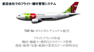 TAP Air ポルトガルナショナル航空
フライトプランの作成
機材・操縦士・燃料などのリソース管理
遅延・振替・気象・航路の変更などへの即時対応
航空会社でのフライト・機材管理システム
 
