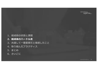 26
© 2020 DENTSU DIGITAL Inc.
1．組成前の状態と課題
2．組成後のハードル⾛
3．共通して⼀番重要だと痛感したこと
4．取り組んだプラクティス
5．まとめ
6．さいごに
 