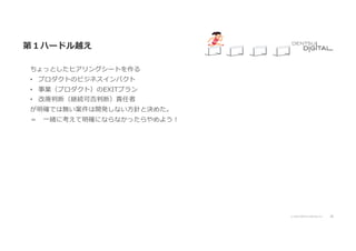 28
© 2020 DENTSU DIGITAL Inc.
第１ハードル越え
ちょっとしたヒアリングシートを作る
• プロダクトのビジネスインパクト
• 事業（プロダクト）のEXITプラン
• 改廃判断（継続可否判断）責任者
が明確では無い案件は開発しない⽅針と決めた。
＝ ⼀緒に考えて明確にならなかったらやめよう︕
 