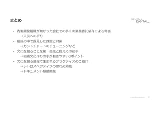 57
© 2020 DENTSU DIGITAL Inc.
まとめ
• 内製開発組織が無かった会社での多くの業務委託依存による弊害
→天災への祈り
• 組成の中で露⾒した課題と対策
→ガントチャートのチューニングなど
• ⽂化を創ることを第⼀優先と捉えその初⼿
→組織⽂化作りの⼿が動きやすい3ポイント
• ⽂化を創る過程で⽣まれるプラクティスのご紹介
→レトロスペクティブの思わぬ効能
→ドキュメント駆動開発
 