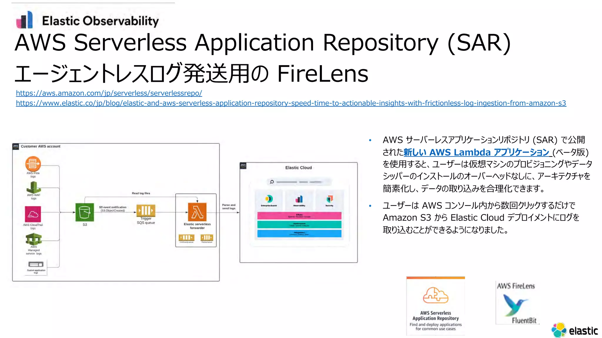 • AWS サーバーレスアプリケーションリポジトリ (SAR) で公開
された新しい AWS Lambda アプリケーション (ベータ版)
を使⽤すると、ユーザーは仮想マシンのプロビジョニングやデータ
シッパーのインストールのオーバーヘッドなしに、アーキテクチャを
簡素化し、データの取り込みを合理化できます。
• ユーザーは AWS コンソール内から数回クリックするだけで
Amazon S3 から Elastic Cloud デプロイメントにログを
取り込むことができるようになりました。
AWS Serverless Application Repository (SAR)
エージェントレスログ発送⽤の FireLens
https://aws.amazon.com/jp/serverless/serverlessrepo/
https://www.elastic.co/jp/blog/elastic-and-aws-serverless-application-repository-speed-time-to-actionable-insights-with-frictionless-log-ingestion-from-amazon-s3
 