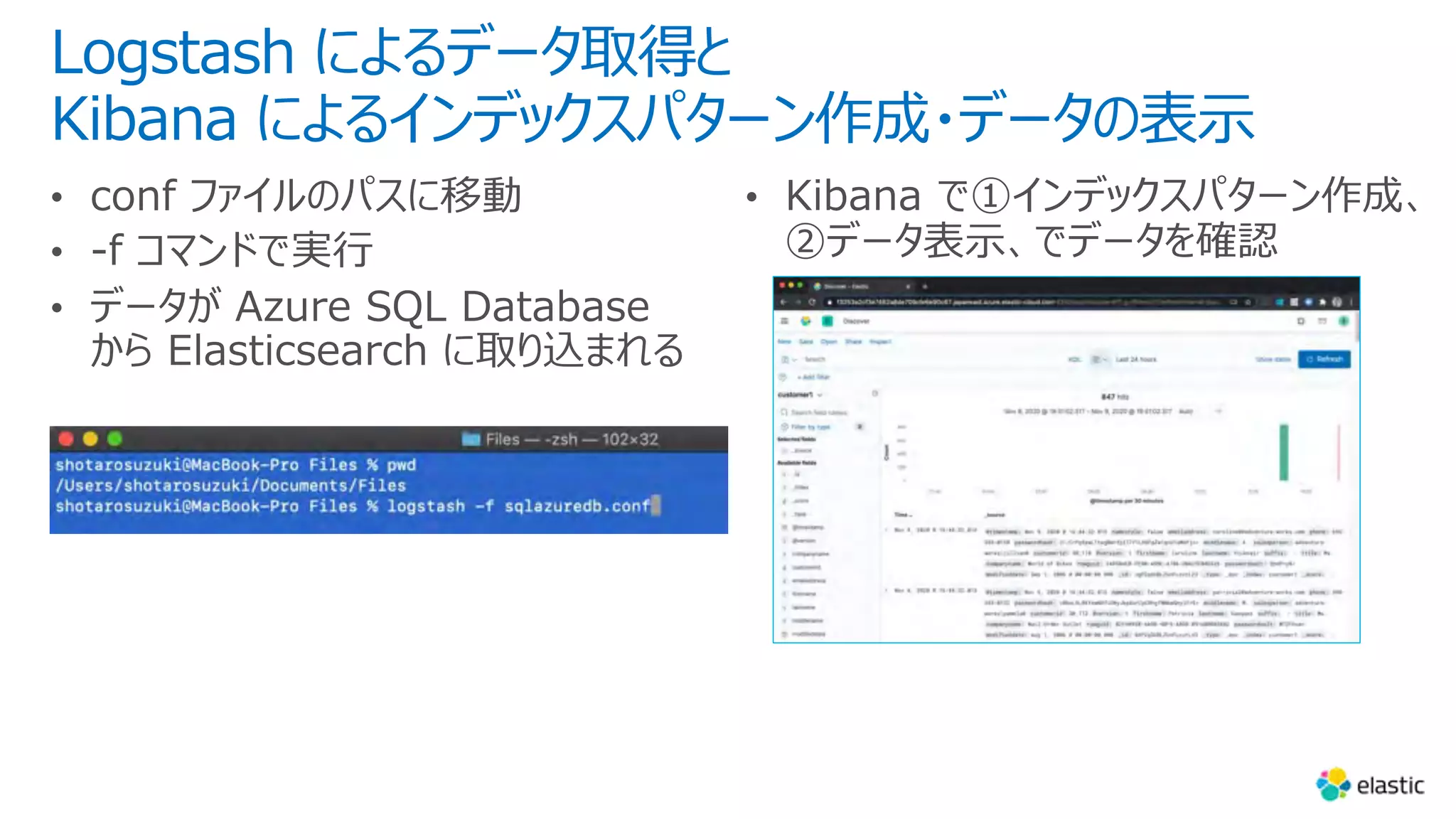 Logstash によるデータ取得と
Kibana によるインデックスパターン作成・データの表⽰
 