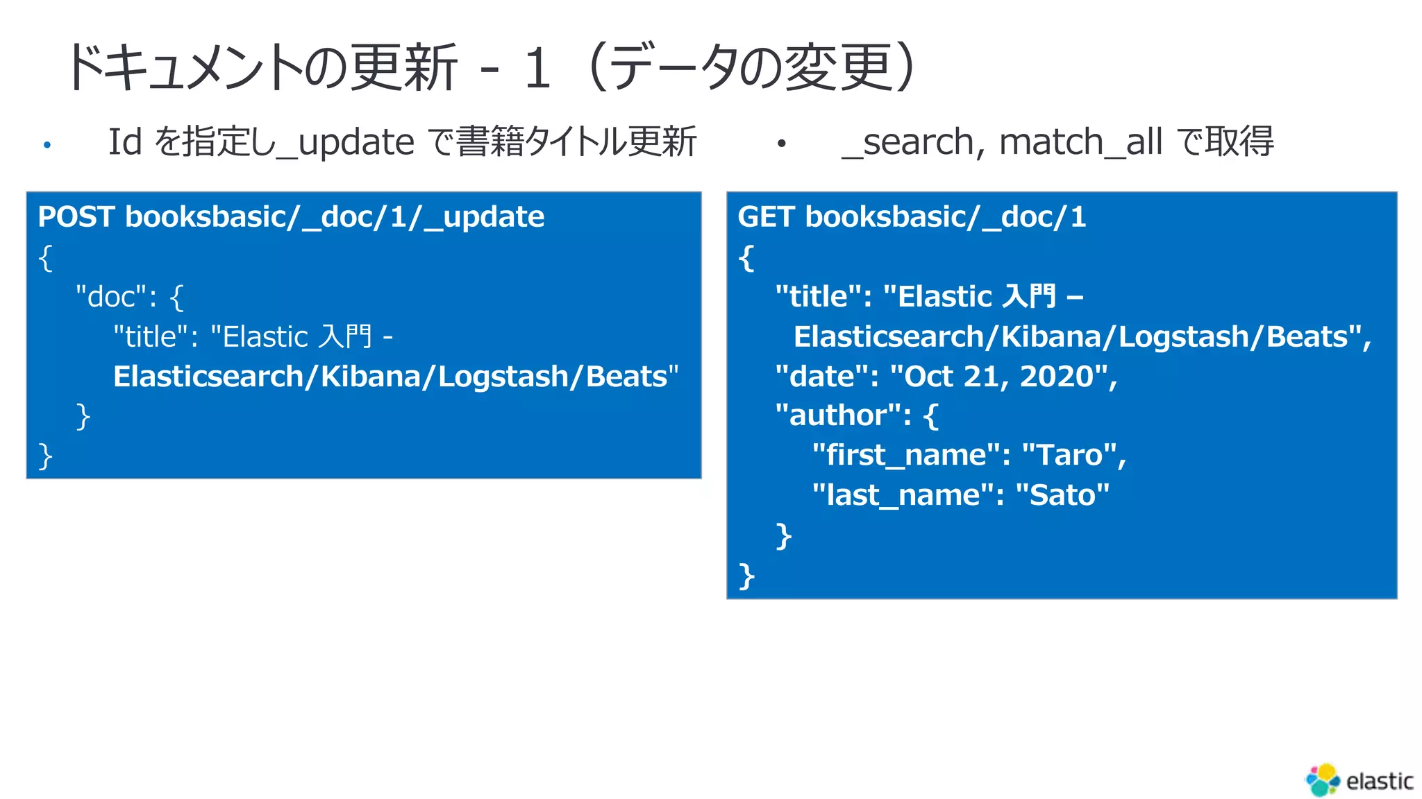 ドキュメントの更新 - 1（データの変更）
•
POST booksbasic/_doc/1/_update
{
"doc": {
"title": "Elastic ⼊⾨ -
Elasticsearch/Kibana/Logstash/Beats"
}
}
GET booksbasic/_doc/1
{
"title": "Elastic ⼊⾨ –
Elasticsearch/Kibana/Logstash/Beats",
"date": "Oct 21, 2020",
"author": {
"first_name": "Taro",
"last_name": "Sato"
}
}
 