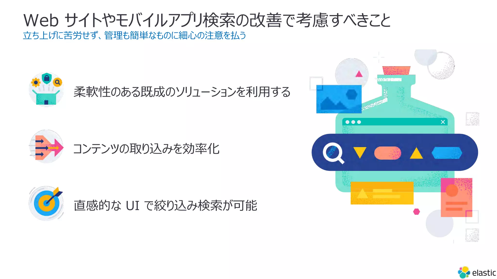 Web サイトやモバイルアプリ検索の改善で考慮すべきこと
⽴ち上げに苦労せず、管理も簡単なものに細⼼の注意を払う
柔軟性のある既成のソリューションを利⽤する
コンテンツの取り込みを効率化
直感的な UI で絞り込み検索が可能
 
