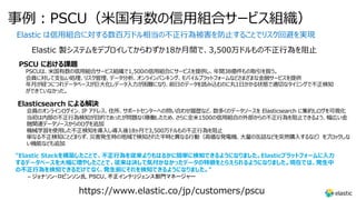 事例︓PSCU（⽶国有数の信⽤組合サービス組織）
Elastic は信⽤組合に対する数百万ドル相当の不正⾏為被害を防⽌することでリスク回避を実現
Elastic 製システムをデプロイしてからわずか18か⽉間で、3,500万ドルもの不正⾏為を阻⽌
PSCU における課題
PSCUは、⽶国有数の信⽤組合サービス組織で1,500の信⽤組合にサービスを提供し、年間38億件もの取引を扱う。
会員に対して⽀払い処理、リスク管理、データ分析、オンラインバンキング、モバイルプラットフォームなどさまざまな⾦融サービスを提供
年⽉が経つにつれデータベースが巨⼤化しデータ⼊⼒が困難になり、前⽇のデータを読み込むのに丸1⽇かかる状態で適切なタイミングで不正検知
ができていなかった。
Elasticsearch による解決
会員のオンラインログイン、IP アドレス、住所、サポートセンターへの問い合わせ履歴など、数多くのデータソースを Elasticsearch に集約しログを可視化
当初は内部の不正⾏為検知が⽬的であったが問題なく稼働したため、さらに全⽶1500の信⽤組合の外部からの不正⾏為を阻⽌できるよう、幅広い⾦
融関連データソースからのログを追加
機械学習を使⽤した不正検知を導⼊し導⼊後18ヶ⽉で3,500万ドルもの不正⾏為を阻⽌
単なる不正検知にとどまらず、災害発⽣時の地域で検知された平時と異なる⾏動（⾼価な発電機、⼤量の⽸詰などを突然購⼊するなど）をブロックしな
い機能なども追加
https://www.elastic.co/jp/customers/pscu
"Elastic Stackを構築したことで、不正⾏為を従来よりもはるかに簡単に検知できるようになりました。Elasticプラットフォームに⼊⼒
するデータベースを⼤幅に増やしたことで、従来は決して気付かなかったデータの特徴をとらえられるようになりました。現在では、発⽣中
の不正⾏為を検知できるだけでなく、発⽣前にそれを検知できるようになりました。"
– ジョナソン・ロビンソン氏, PSCU、不正インテリジェンス部門マネージャー
 