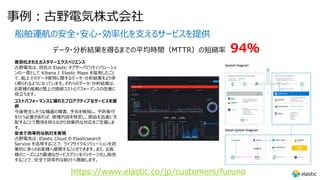 事例︓古野電気株式会社
船舶運航の安全・安⼼・効率化を⽀えるサービスを提供
データ・分析結果を得るまでの平均時間（MTTR）の短縮率 94％
差別化されたカスタマーエクスペリエンス
古野電気は、同社の Elastic オブザーバビリティソリューショ
ンの⼀部として Kibana と Elastic Maps を採⽤したこと
で、船上でのデータ使⽤に関するデータ・分析結果をより多
く得られるようになっています。それらのデータ・分析結果は、
お客様の船舶と陸上の接続コストとパフォーマンスの改善に
役⽴ちます。
コストパフォーマンスに優れたプロアクティブなサービスを提
供
今後発⽣しそうな機器の障害、予兆を検知し、予防保守
を⾏う必要があれば、修理内容を特定し、部品を迅速に⼿
配することで費⽤を抑えながら効果的な対応をご⽀援しま
す。
安全で効率的な航⾏を実現
古野電気は、Elastic Cloud の Elasticsearch
Service を活⽤することで、ライフサイクルソリューションを効
果的に多くのお客様へ展開することができます。また、お客
様のニーズにより最適なサービスプランをパッケージ化し販売
することで、安全で効率的な航⾏へ貢献します。
https://www.elastic.co/jp/customers/furuno
 