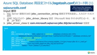 Azure SQL Database ⽤設定ファイル(logstash.conf)のコード例 (1)
"jdbc:sqlserver://hostname.database.windows.net:1433;
database=AdventureWorksLT;encrypt=true; hostNameInCertificate=*.database.windows.net"
”<username>@hostname"
”<password>"
/Users/(username)/Documents/sqljdbc_8.4/jpn/mssql-jdbc-8.4.1.jre8.jar"
"com.microsoft.sqlserver.jdbc.SQLServerDriver"
"Select * from [SalesLT].[Customer]"
sqlazuredb.conf
com.microsoft.sqlserver.jdbc.SQLServerDriver
 