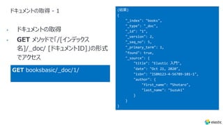 ドキュメントの取得 - 1
•
•
(結果)
{
"_index": "books",
"_type": "_doc",
"_id": "1",
"_version": 2,
"_seq_no": 5,
"_primary_term": 1,
"found": true,
"_source": {
"title": "Elastic ⼊⾨",
"date": "Oct 21, 2020",
"isbn": "ISBN123-4-56789-101-1",
"author": {
"first_name": ”Shotaro",
"last_name": "Suzuki"
}
}
}
GET booksbasic/_doc/1/
 