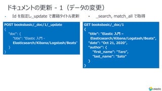 ドキュメントの更新 - 1（データの変更）
•
POST booksbasic/_doc/1/_update
{
"doc": {
"title": "Elastic ⼊⾨ -
Elasticsearch/Kibana/Logstash/Beats"
}
}
GET booksbasic/_doc/1
{
"title": "Elastic ⼊⾨ –
Elasticsearch/Kibana/Logstash/Beats",
"date": "Oct 21, 2020",
"author": {
"first_name": "Taro",
"last_name": "Sato"
}
}
 