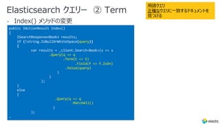 Elasticsearch クエリー ② Term
•
public IActionResult Index()
{
ISearchResponse<Book> results;
if (!string.IsNullOrWhiteSpace(query))
{
var results = _client.Search<Book>(s => s
.Query(q => q
.Term(t => t)
.Field(f => f.Isbn)
.Value(query)
)
)
);
}
else
{
.Query(q => q
.MatchAll()
)
);
…
⽤語クエリ
正確なクエリに⼀致するドキュメントを
⾒つける
 