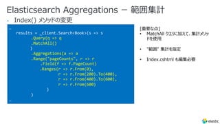 Elasticsearch Aggregations ー 範囲集計
•
…
results = _client.Search<Book>(s => s
.Query(q => q
.MatchAll()
)
.Aggregations(a => a
.Range("pageCounts", r => r
.Field(f => f.PageCount)
.Ranges(r => r.From(0),
r => r.From(200).To(400),
r => r.From(400).To(600),
r => r.From(600)
)
)
…
[重要な点]
• MatchAll クエリに加えて、集計メソッ
ドを使⽤
• "範囲" 集計を指定
• Index.cshtml も編集必要
 