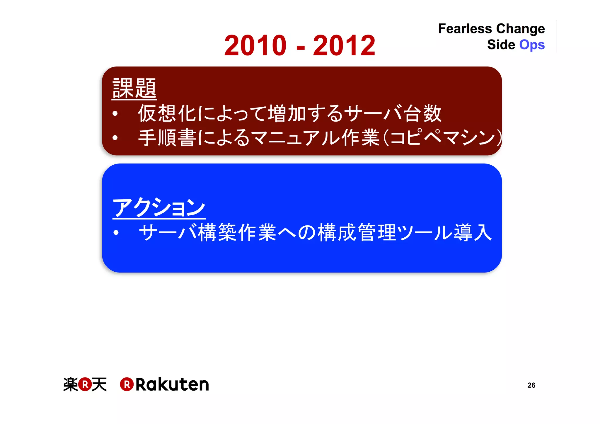 26
2010 - 2012	
課題
•  仮想化によって増加するサーバ台数
•  手順書によるマニュアル作業（コピペマシン）
アクション
•  サーバ構築作業への構成管理ツール導入
 