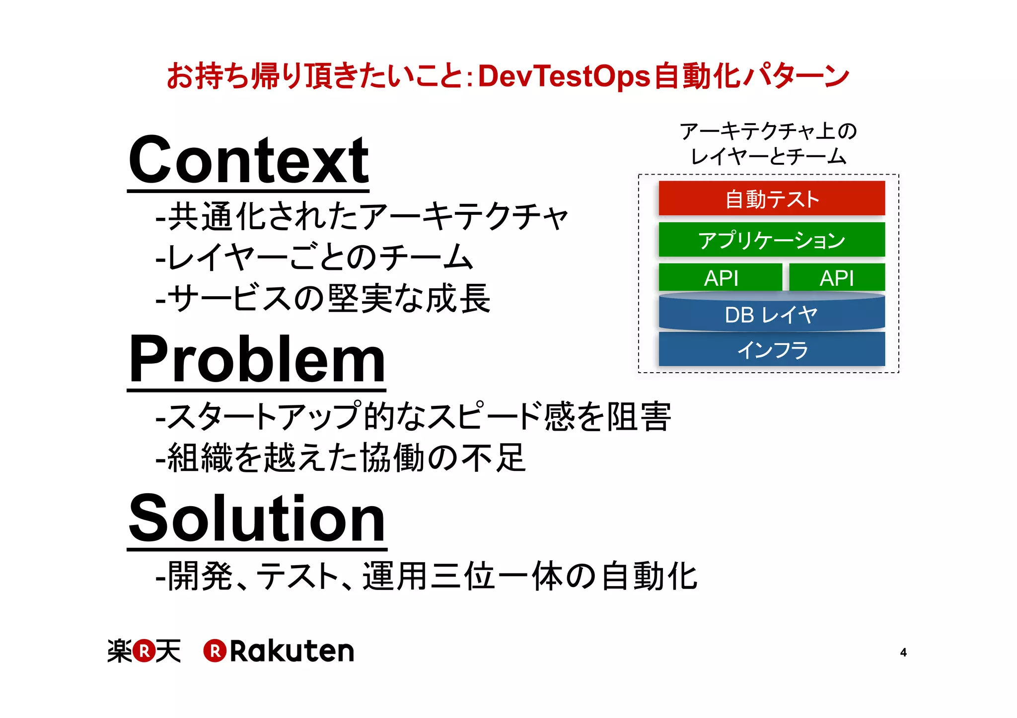 4
お持ち帰り頂きたいこと：DevTestOps自動化パターン	
Context
-共通化されたアーキテクチャ
-レイヤーごとのチーム
-サービスの堅実な成長
Problem
-スタートアップ的なスピード感を阻害
-組織を越えた協働の不足
Solution
-開発、テスト、運用三位一体の自動化
インフラ
DB レイヤ
API API
アプリケーション
自動テスト
アーキテクチャ上の
レイヤーとチーム
 