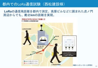 都内でのLoRa通信試験（西松建設様）
日経コンピューター２月号付
LoRaの通信飛距離を都内で測定。高層ビルなどに囲まれた虎ノ門
周辺からでも、約２kmの距離を実現。
39
 