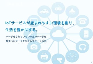 Skydiscのミッション
IoTサービスが産まれやすい環境を創り、
生活を豊かにする。
データ化されていない事象のデータ化
集まったデータを分析してサービス化
4
 