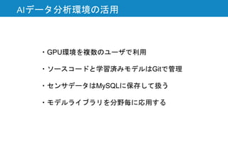 AIデータ分析環境の活用
・GPU環境を複数のユーザで利用
・ソースコードと学習済みモデルはGitで管理
・センサデータはMySQLに保存して扱う
・モデルライブラリを分野毎に応用する
 