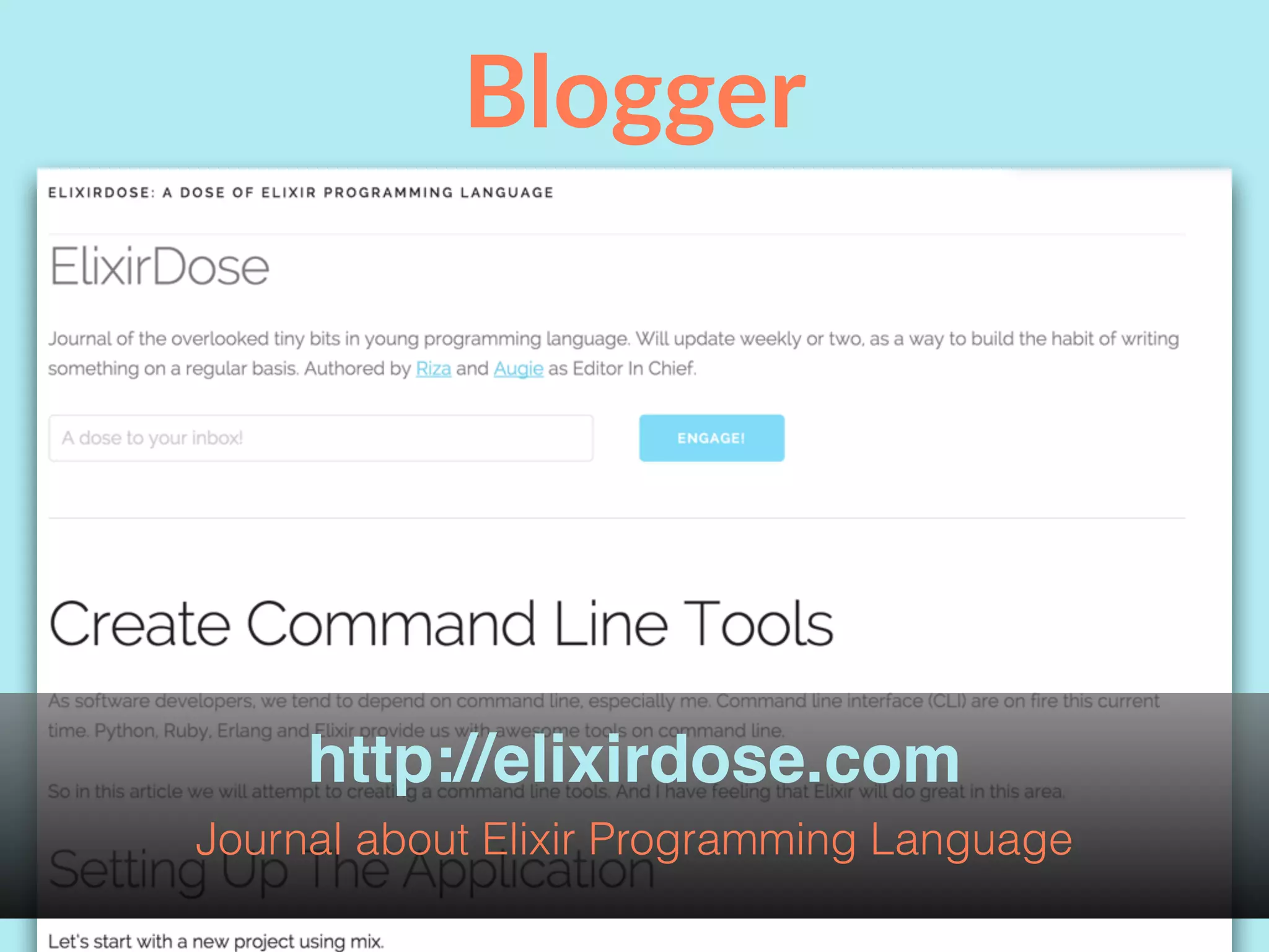 Blogger
http://elixirdose.com
Journal about Elixir Programming Language
 
