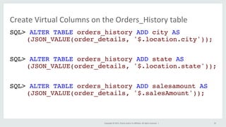 Copyright	©	2015,	Oracle	and/or	its	aﬃliates.	All	rights	reserved.		|	
SQL> ALTER TABLE orders_history ADD city AS
(JSON_V...