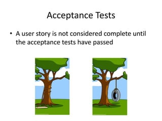 Acceptance Tests
• A user story is not considered complete until
the acceptance tests have passed
 