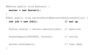 @Before public void before() { 
server = new Server(); 
Job job = new Job(); 
} 
@Test public void serverShouldExecuteJobS...