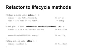 Refactor to lifecycle methods 
@Before public void before() { 
server = new NotesServer(); // setup 
note = new Note("test note"); // setup 
} 
@Test public void serverShouldAddNoteSuccessfully() { 
Status status = server.add(note); // exercise 
assertEquals(SUCCESS, status); // verify 
} 
@After public void after() { 
server.shutdown(); // teardown 
} 
 