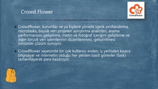  Crowdflower, kurumlar ve ya kişilere yönelik içerik sınıflandırma,
microtasks, büyük veri projeleri ayrıştırma analizleri, arama
performansını geliştirme, metin ve fotoğraf içeriğini geliştirme ve
diğer birçok veri işlemlerinin düzenlenmesi, geliştirilmesi
yönünde çözüm sunuyor.
 Crowdflower sayesinde bir çok kullanıcı evden, iş yerinden kısaca
bilgisayar ve internetin olduğu her yerden basit görevler (task)
tamamlayarak para kazanıyor.
Crowd Flower
 
