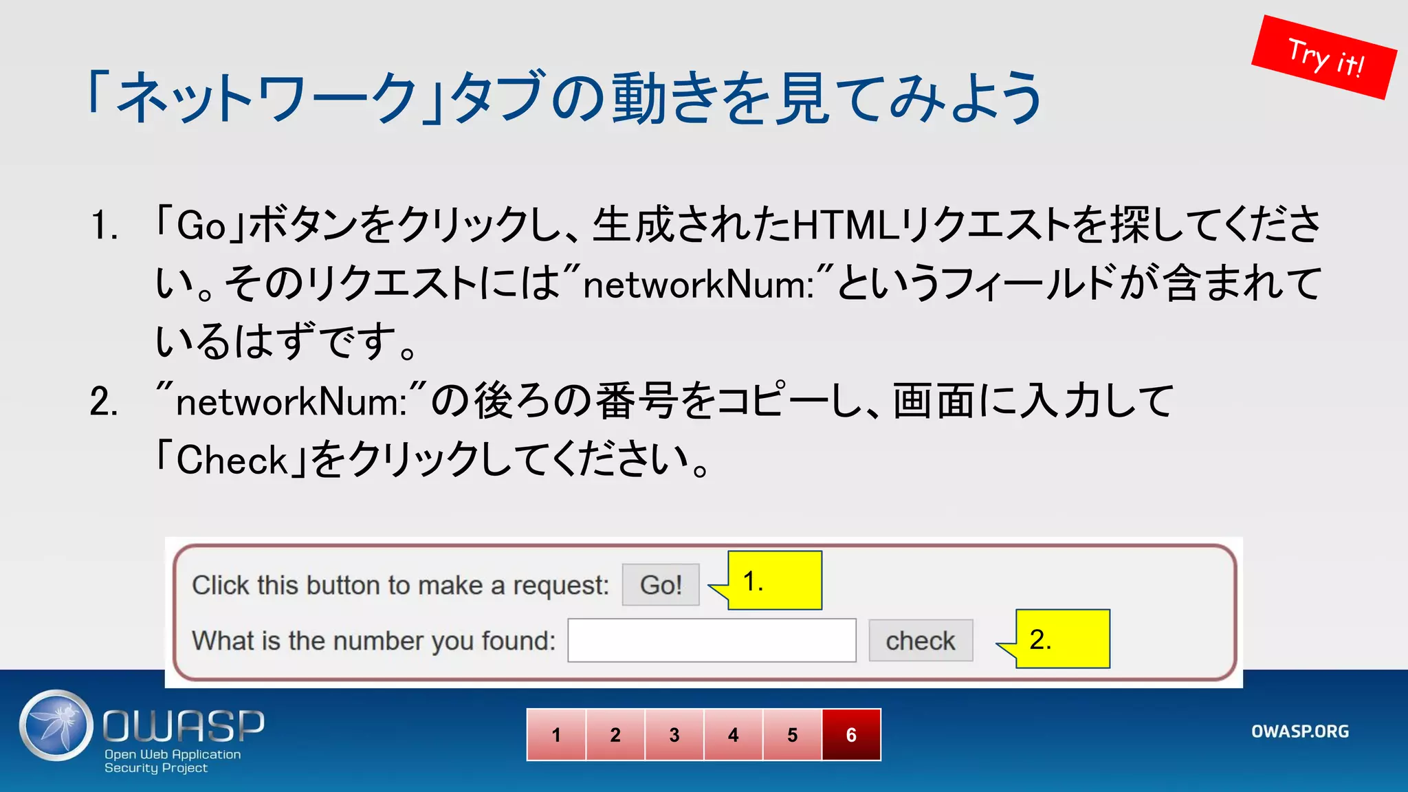 「ネットワーク」タブの動きを見てみよう 
1. 「Go」ボタンをクリックし、生成されたHTMLリクエストを探してくださ
い。そのリクエストには"networkNum:"というフィールドが含まれて
いるはずです。 
2. "networkNum:"の後ろの番号をコピーし、画面に入力して
「Check」をクリックしてください。 
1 2 3 4 5 6
Try it!
1.
2.
 