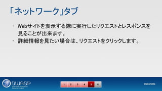 「ネットワーク」タブ 
• Webサイトを表示する際に実行したリクエストとレスポンスを
見ることが出来ます。 
• 詳細情報を見たい場合は、リクエストをクリックします。 
1 2 3 4 5 6
 
