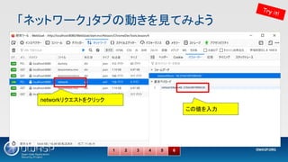 「ネットワーク」タブの動きを見てみよう 
1 2 3 4 5 6
Try it!
この値を入力
networkリクエストをクリック
 