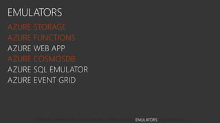 AZURE STORAGE
AZURE FUNCTIONS
AZURE COSMOSDB
STORAGE | MIGRATION | CALCULATOR | LATENCY & API | EMULATORS | AUTOMATION
 