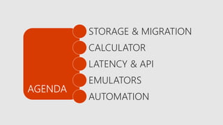 AGENDA
STORAGE & MIGRATION
CALCULATOR
LATENCY & API
EMULATORS
AUTOMATION
 
